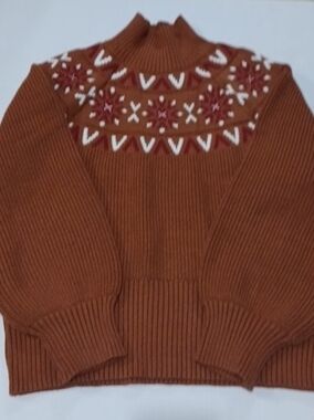 Anthropologie Varley Bowen Rust Fair Isle Ribbed Knit Sweater Womens Large